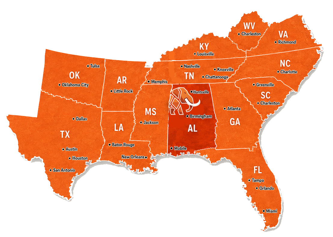 Regional service map covering the Southeastern United States