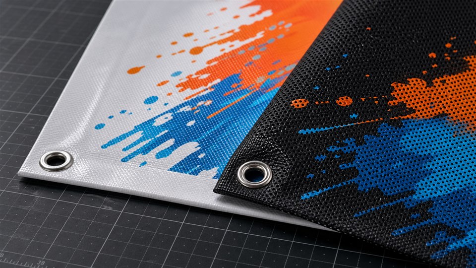 Vinyl banner and perforated mesh material samples