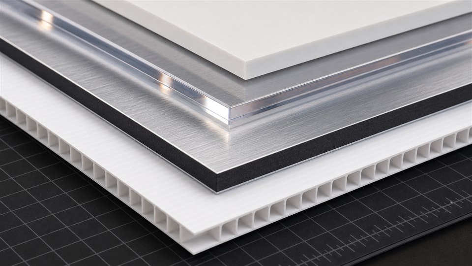 Stacked PVC acrylic aluminum and coroplast rigid panels