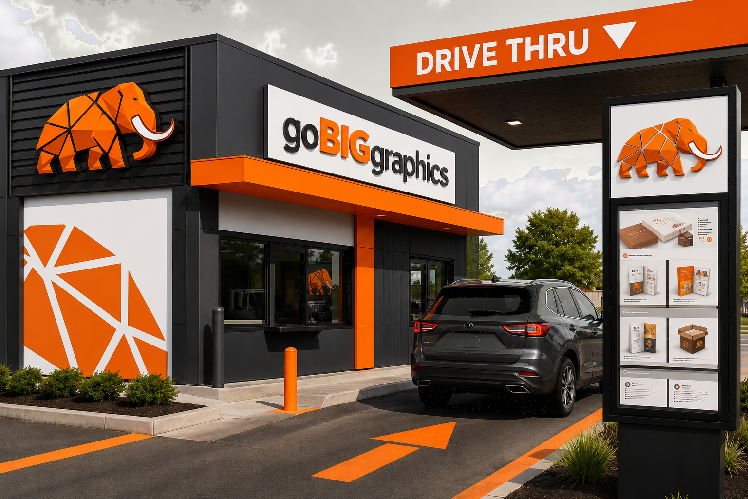 Drive thru printed menu boards and signs with Go Big Graphics branding