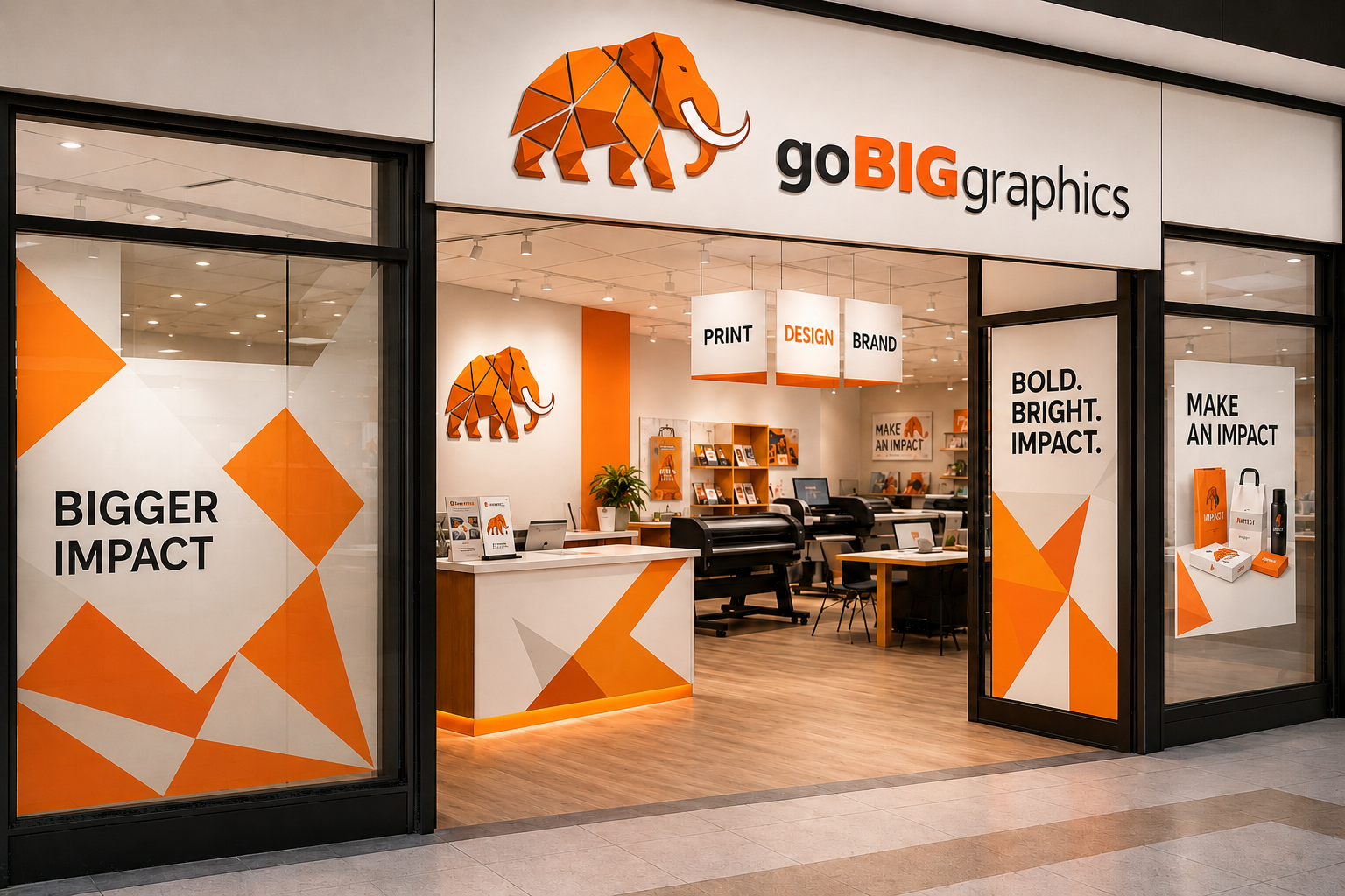 Retail graphics with Go Big Graphics branded storefront and display panels