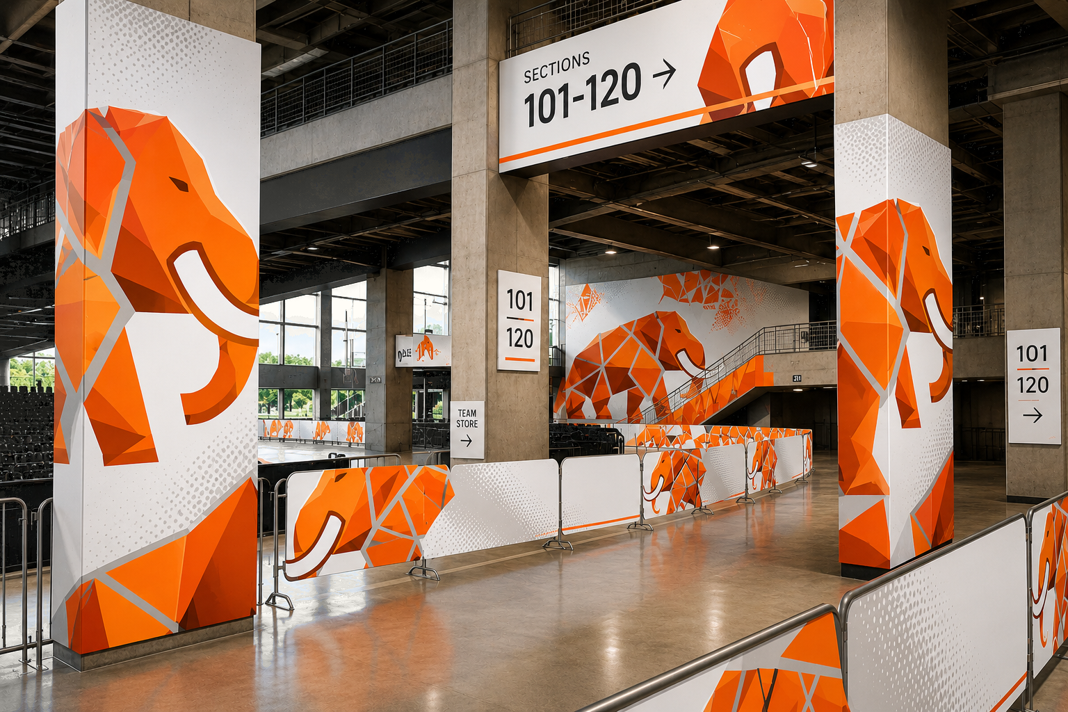 Stadium banners and large format panels with Go Big Graphics branding